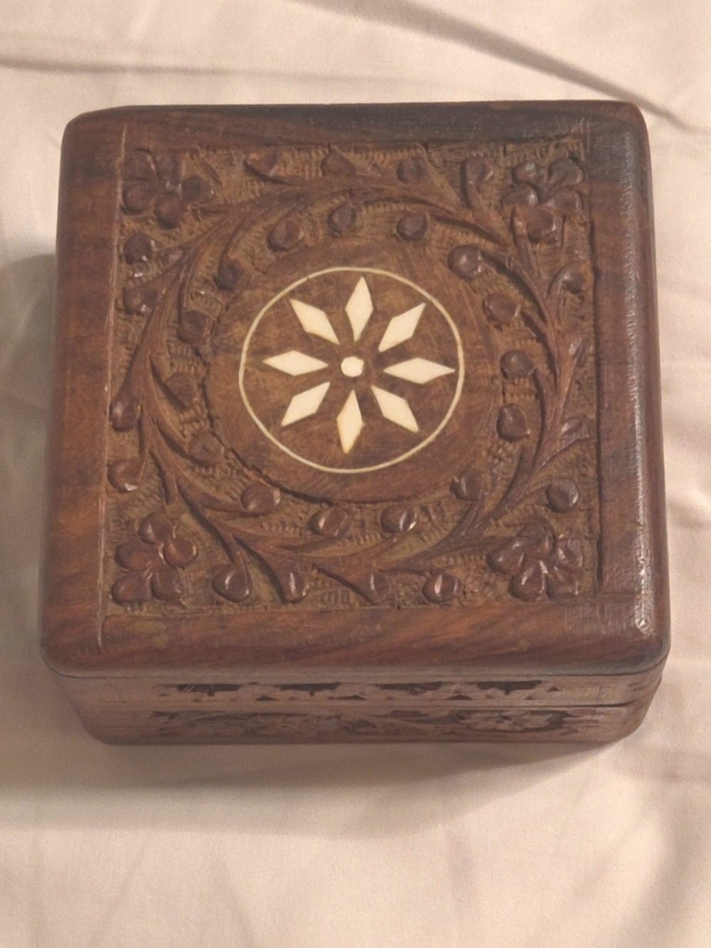 Carved Wooden Trinket Box with Inlay